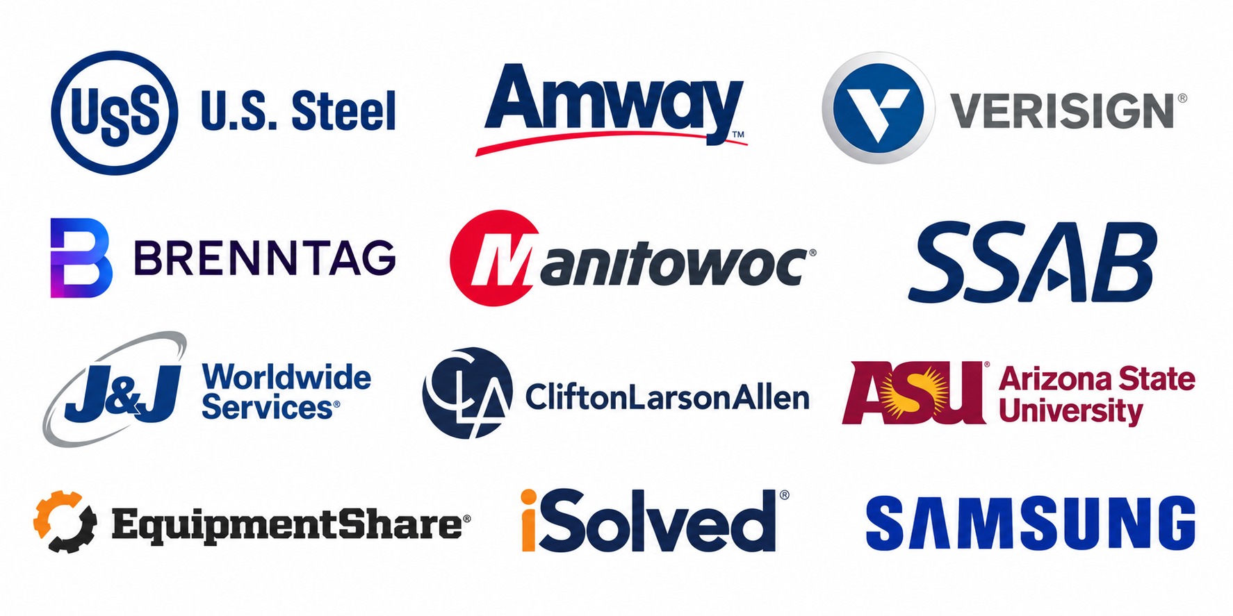 Brand logos: U.S. Steel, Amway, Verisign, Brenntag, Manitowoc, SSAB, J&J Worldwide Services, CliftonLarsonAllen, Arizona State University, EquipmentShare, iSolved, Samsung